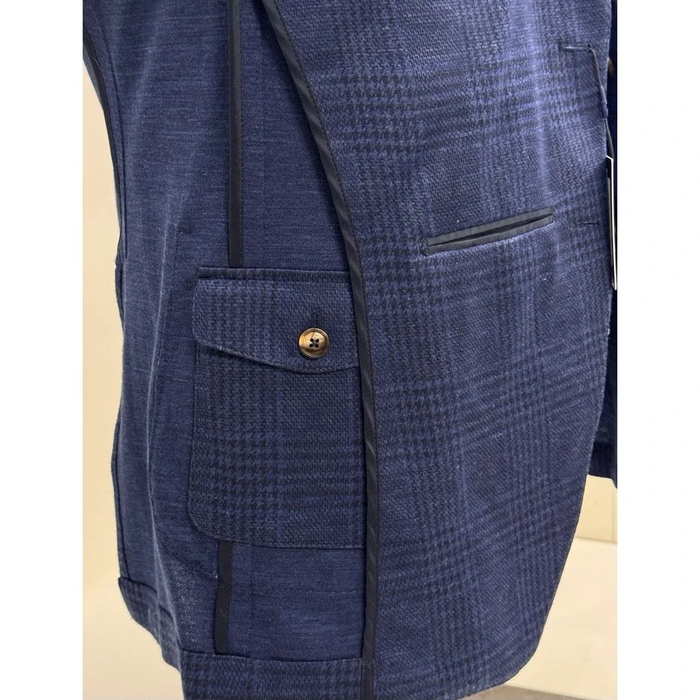 NWT Peter Millar Sport Coat Blazer Wool Silk Linen NAV Blue Plaid 46L Long $1295